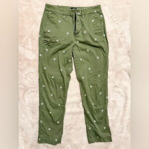 J. Crew Olive Green Chinos with White Floral Pattern